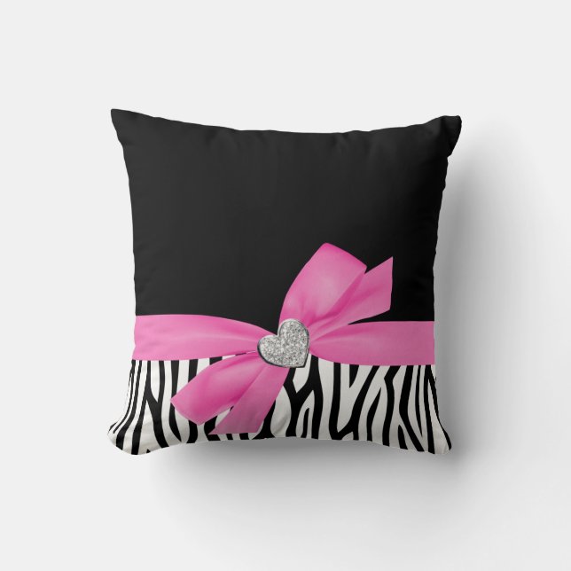 Zebra Pink Bow Diamond Heart Cushion (Front)