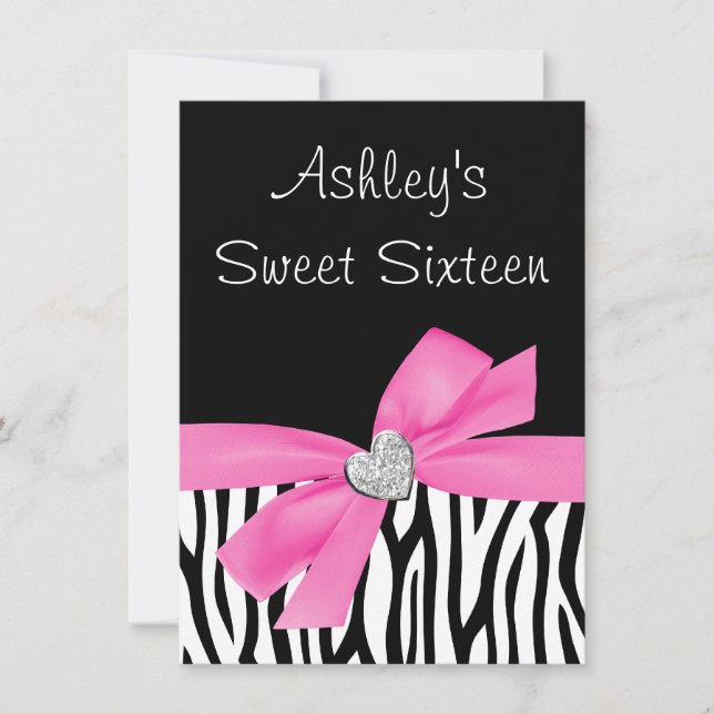 Zebra Pink Bow Diamond Sweet 16 Invitation (Front)