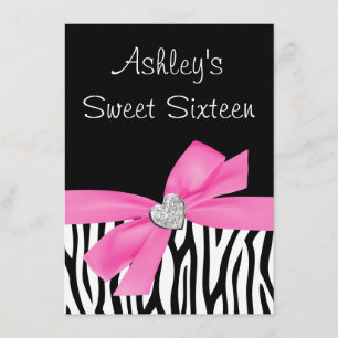 Zebra Pink Bow Diamond Sweet 16 Invitation
