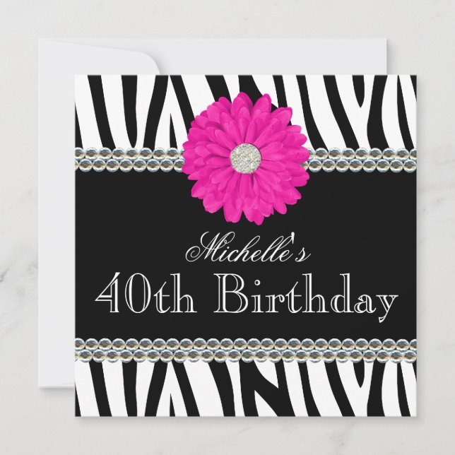 Zebra Pink Daisy Printed Gems 40th Birthday Invitation (Front)