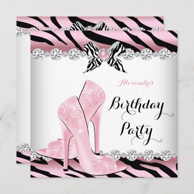 Zebra Pink Glamour High Heels Birthday Party 2 Invitation (Front/Back)