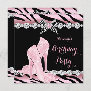 Zebra Pink Glamour High Heels Birthday Party 3 Invitation
