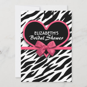zebra pink heart bridal shower invitations