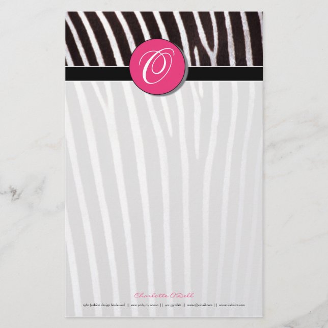 zebra; pink monogram stationery (Front)