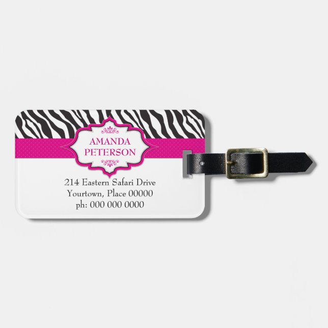 Zebra Pink Ribbon Luggage Tag (Front Horizontal)