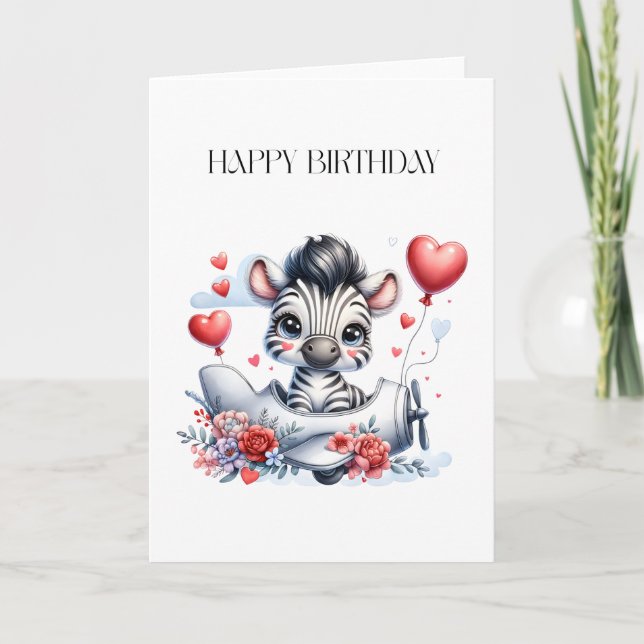 Zebra Plane Birthday Card (Front)