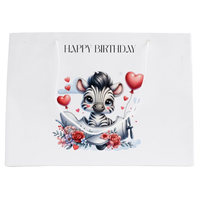 Zebra Plane Birthday Large Gift Bag (Front)
