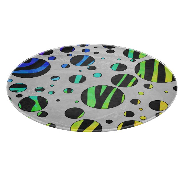 Zebra Polka Dot Black and Rainbow Print Cutting Board (Corner)