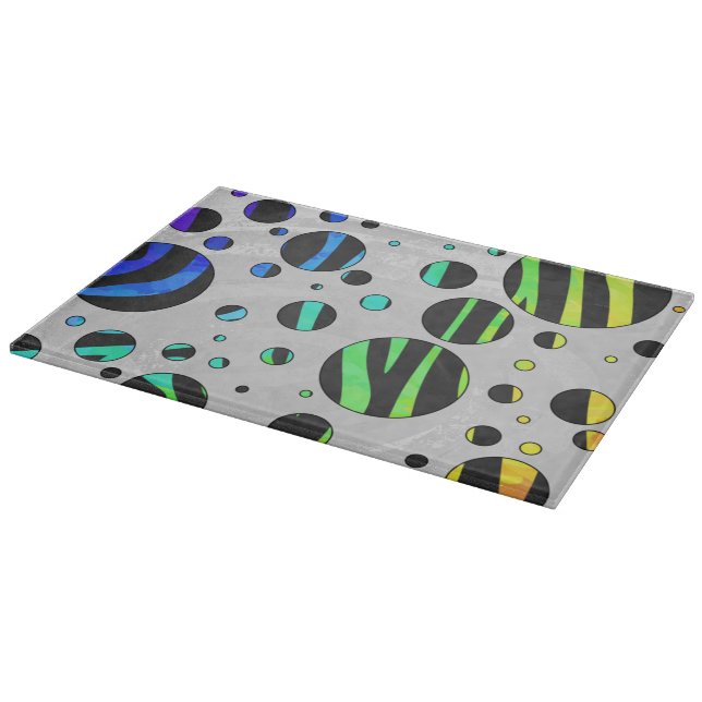 Zebra Polka Dot Black and Rainbow Print Cutting Board (Corner)
