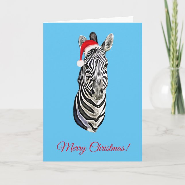 Zebra Portrait Painting Christmas Santa Claus Card (Front)