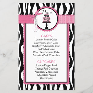 Zebra Print and Cake Bakery Menu Card