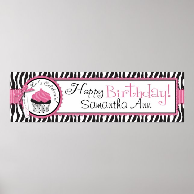 Zebra Print and Cupcake Birthday Banner (Front)