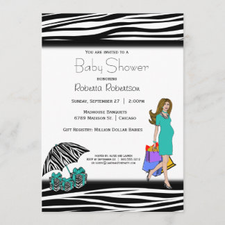 Zebra Print And Teal Shopping Mummy Invitation