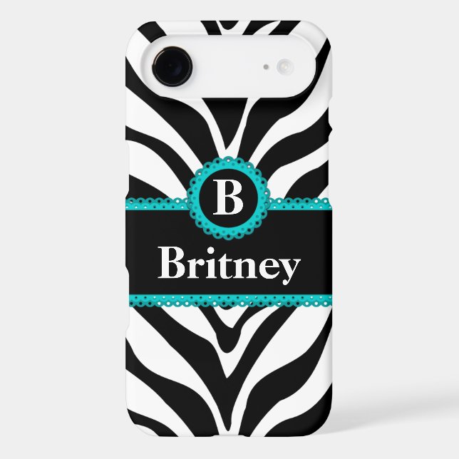 Zebra Print Aqua Lace Monogram Name Case-Mate iPhone Case (Back)