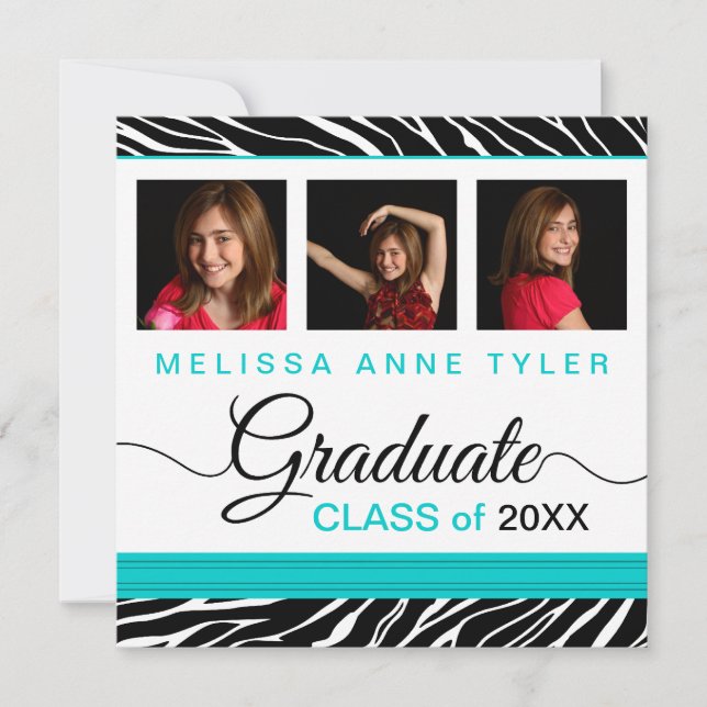 Zebra Print Aqua Photo Graduation Invitation (Front)