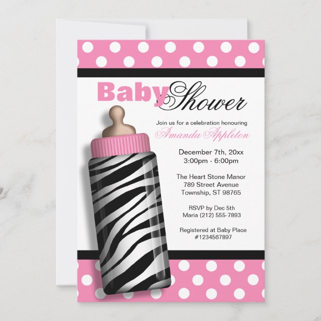 Zebra Print Baby Bottle Pink Baby Shower Invitation (Front)