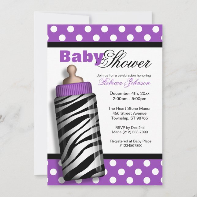 Zebra Print Baby Bottle Purple Baby Shower Invitation (Front)