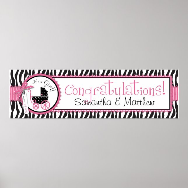 Zebra Print & Baby Carriage Baby Shower Banner (Front)