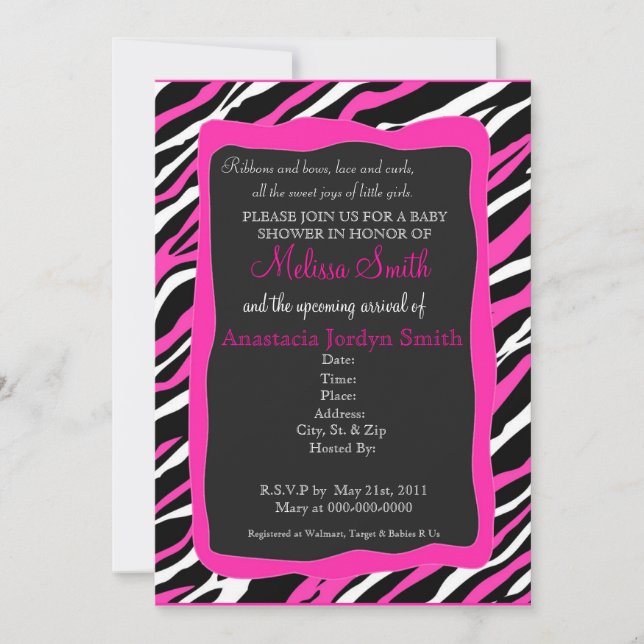 Zebra Print Baby Shower Invitation - Hot Pink (Front)