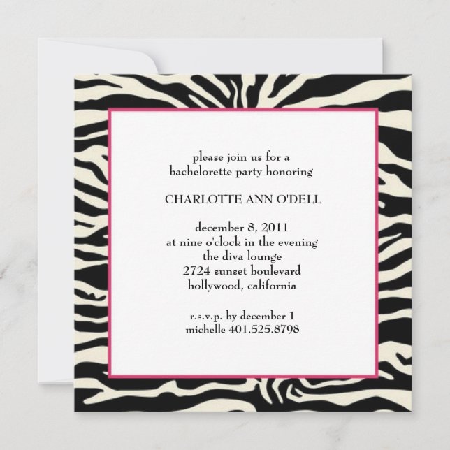 zebra print bachelorette party invitation (Front)