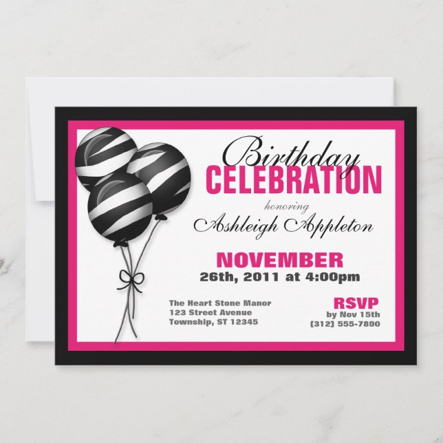 Zebra Print Balloons Fuchsia Birthday Invitations (Front)