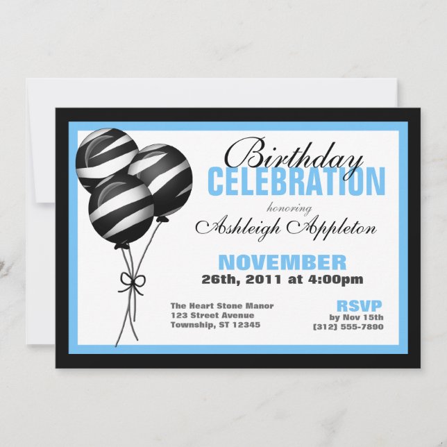 Zebra Print Balloons Light Blue Birthday Invitation (Front)