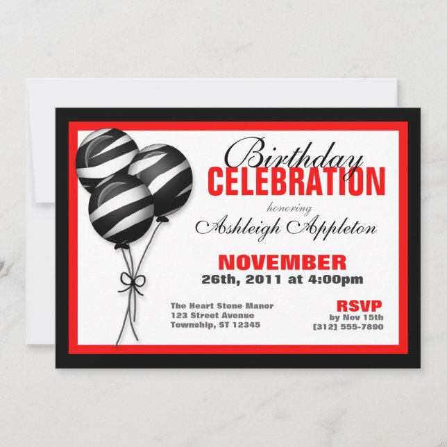 Zebra Print Balloons Red Birthday Invitations (Front)