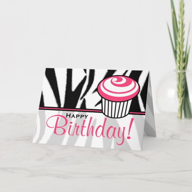 Zebra Print Birthday Card with Pink Cupcake (Front)