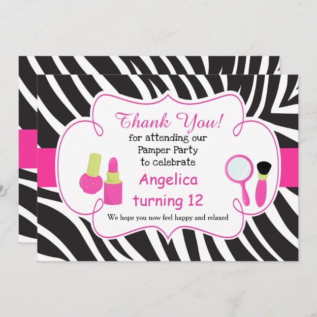 Zebra print birthday Pamper Party Thank You Card (Front/Back)