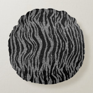 Zebra Print Black and Grey Silver Round Cushion