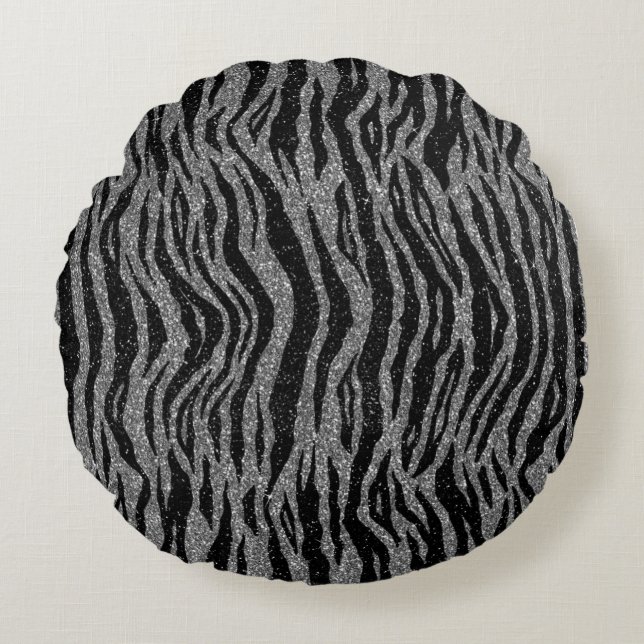 Zebra Print Black and Grey Silver Round Cushion (Front)