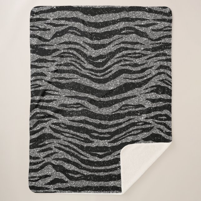 Zebra Print Black and Grey Silver Sherpa Blanket (Front)