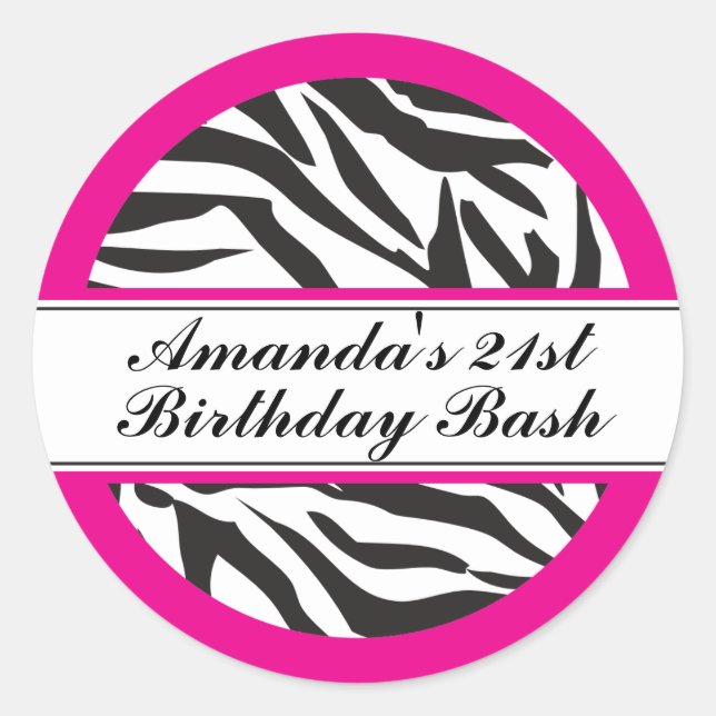 Zebra Print Black and Hot Pink Classic Round Sticker (Front)