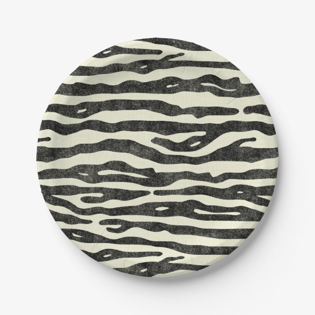 Zebra Print Black Ecru Striped Animal Safari Party Paper Plate (Front)