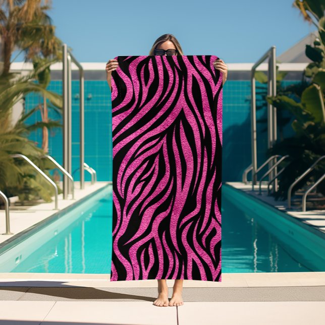 Zebra Print Black Hot Pink Beach Towel (Hot pink and black zebra print beach towel (white on reverse side))