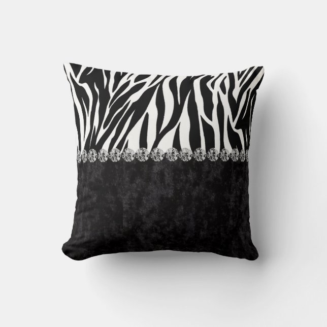 Zebra print black velvet diamond bling cushion (Front)