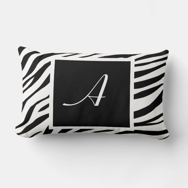 Zebra Print Black & White Monogram Lumbar Pillow (Front)