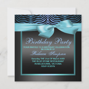 Zebra Print Blue & Black Party Birthday Invitation