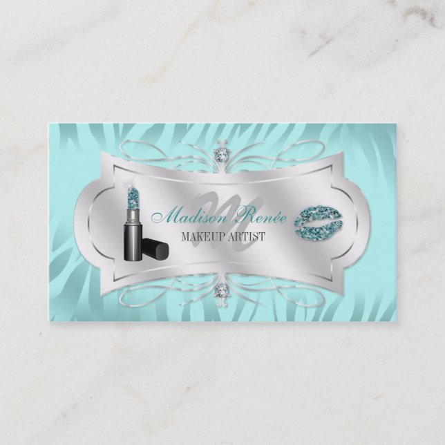 Zebra Print Blue Ice Glitter Cosmetologist Business Card (Front)