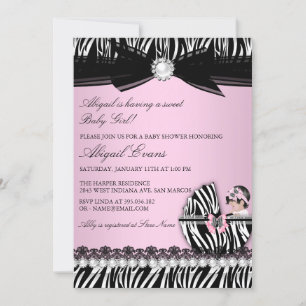 Zebra Print & Bow Baby Girl Baby Shower Invitation