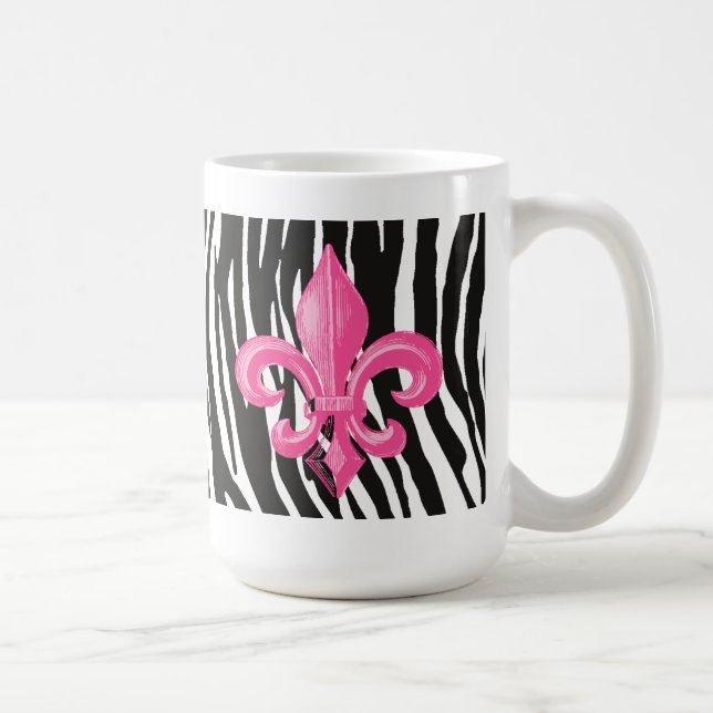 Zebra Print Coffee Mug w/ Hot Pink Fleur de Lis (Right)