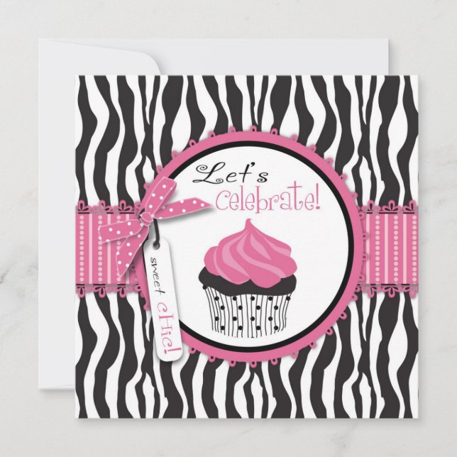 Zebra Print & Cupcake Birthday Invitation (Front)