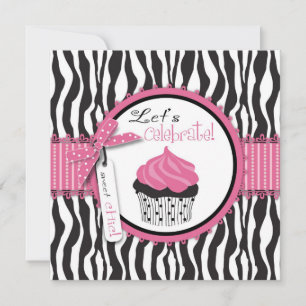 Zebra Print & Cupcake Birthday Invitation