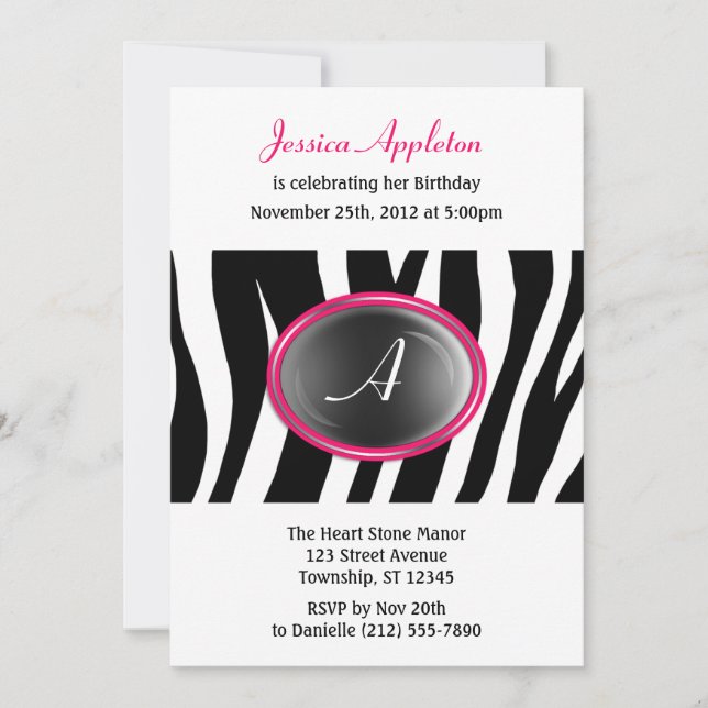 Zebra Print Fuchsia Glass Monogram Birthday Invitation (Front)