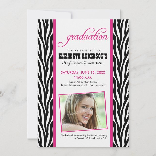 Zebra Print Graduation Announcement (fuchsia) (Front)