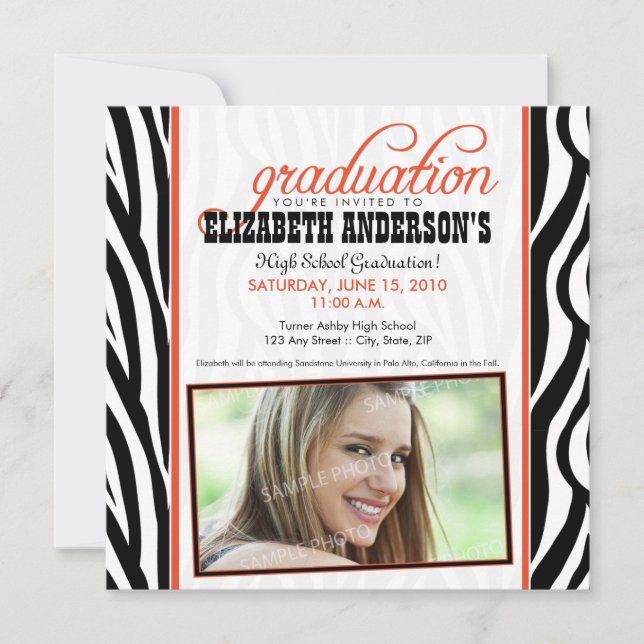 Zebra Print Graduation Announcement (orange) (Front)