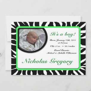 Zebra Print Green Birth Announcements