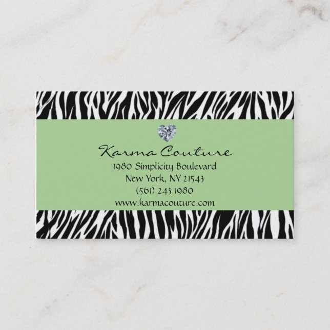 zebra print green w/ heart shaped diamond business card (Front)