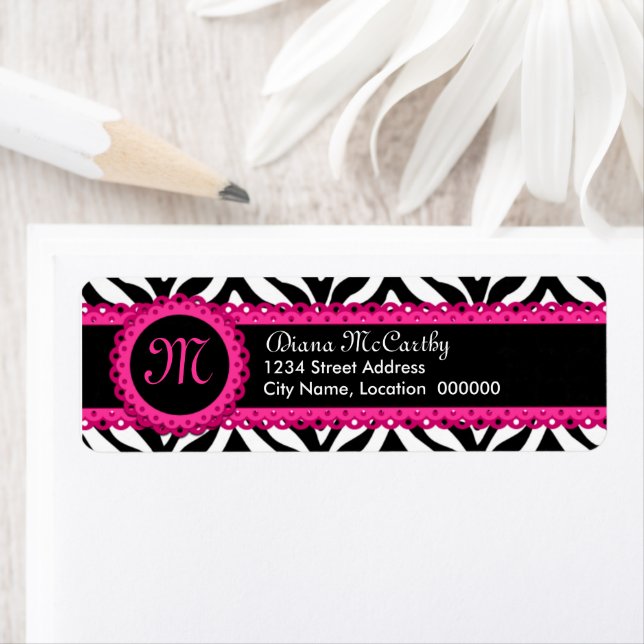 Zebra Print & Hot Pink Lace Monogram Return Address Label (Insitu)
