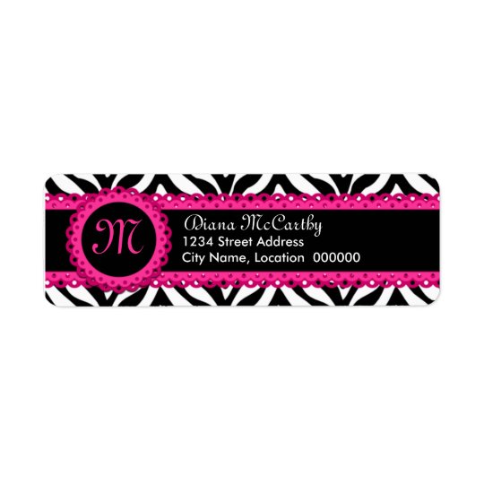 Zebra Print & Hot Pink Lace Monogram Return Address Label